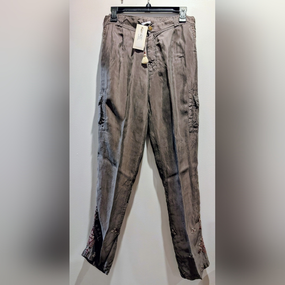 Johnny Was Avaline Rayon Embroidery Gray Cargo Pants